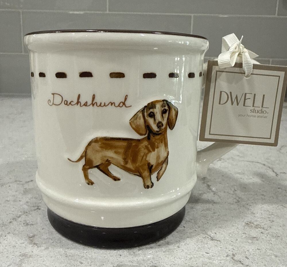 DWELL Studio DACHSHUND Dog 16oz Ceramic Mug Brown Cream Dog Mom Dad Gift NEW